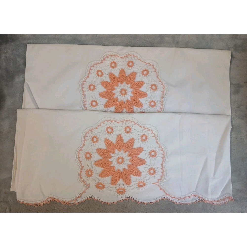 2 Vtg Pillowcases Handmade Crochet Embroidered Floral Lace Edge Peach Orange SEE